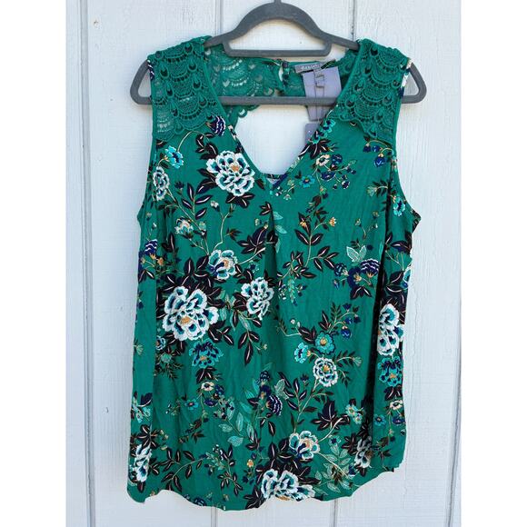 NWT Daniel Rainn Sleeveless Shirt, Green Floral, Back Cut Out, V‎ Neck, Sz 1X - Picture 1 of 8